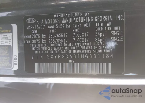2017 Kia Sorento 2.4L Lx z USA, uszkodzony, nr VIN 5XYPGDA31HG331184